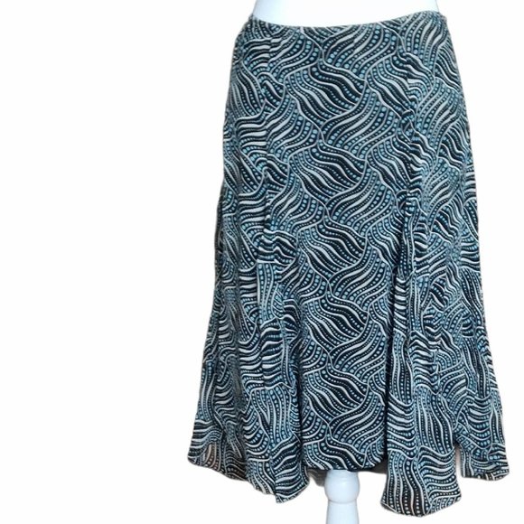 Studio M 100% silk skirt blue black cream geometric design flutter hem size M - Picture 1 of 7